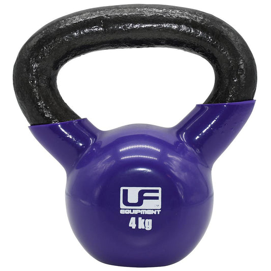 UFE Urban Fitness cast iron kettlebell for strength training, shown on a gym floor with a textured black finish.