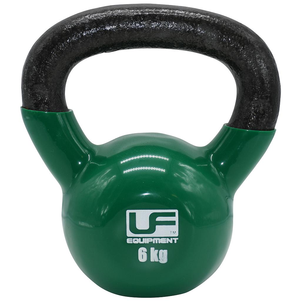 Urban Fitness cast iron kettlebell for strength training, black with UFE branding, shown on a gym floor.