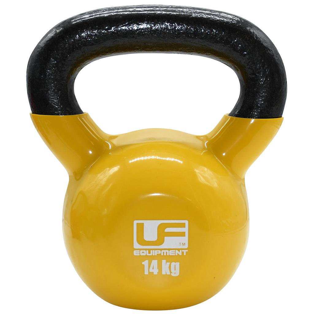 UFE Urban Fitness cast iron kettlebell for strength training, featuring a textured handle and weight markings on the black kettlebell.