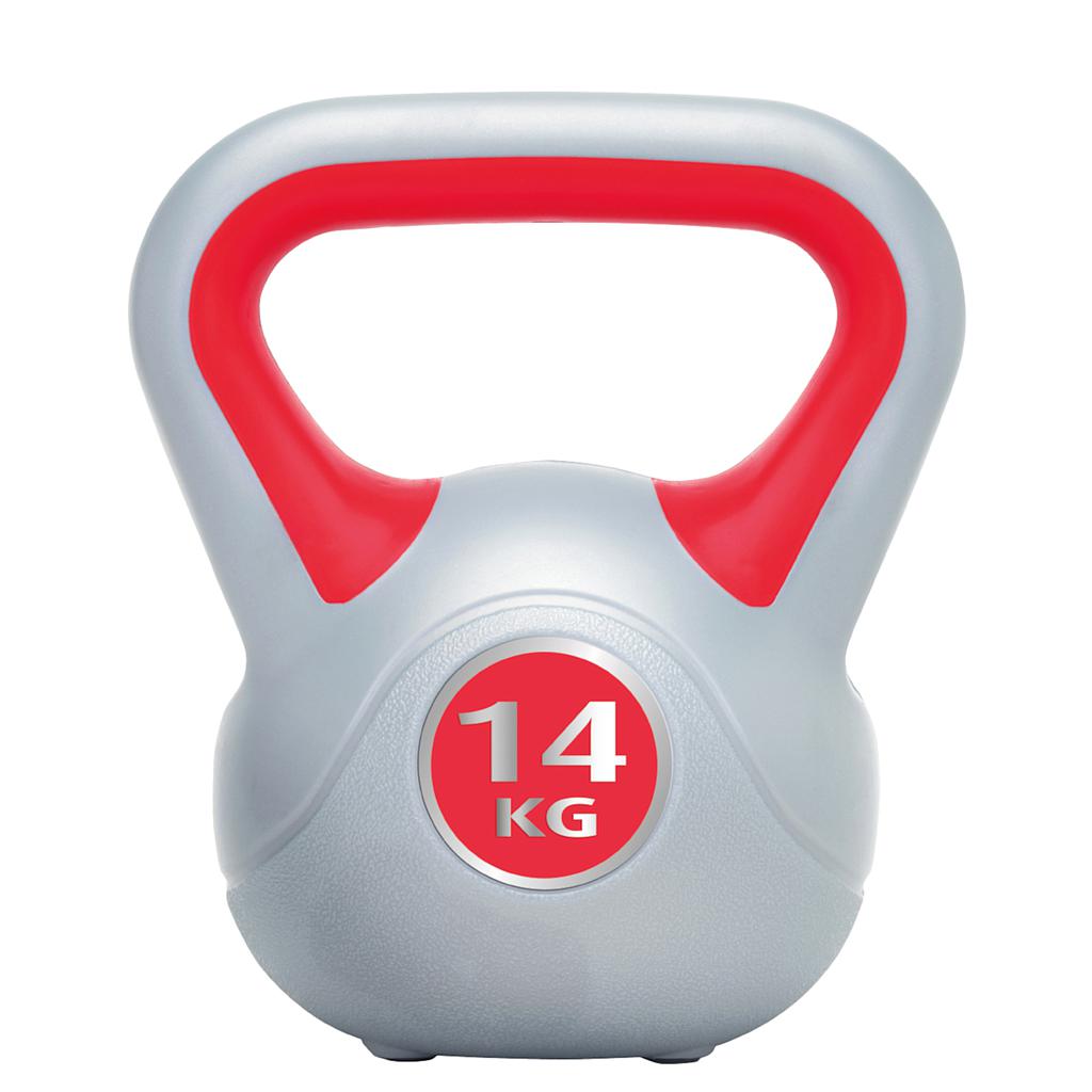 UFE Urban Fitness vinyl kettlebell for strength training, with a black handle and colorful weight markings, on a gym floor.