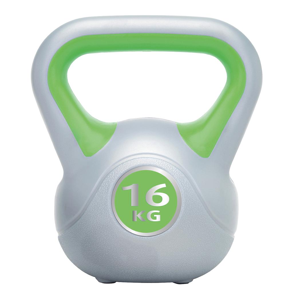 UFE Urban Fitness vinyl kettlebell in black with yellow handle, used for strength training and fitness workouts.