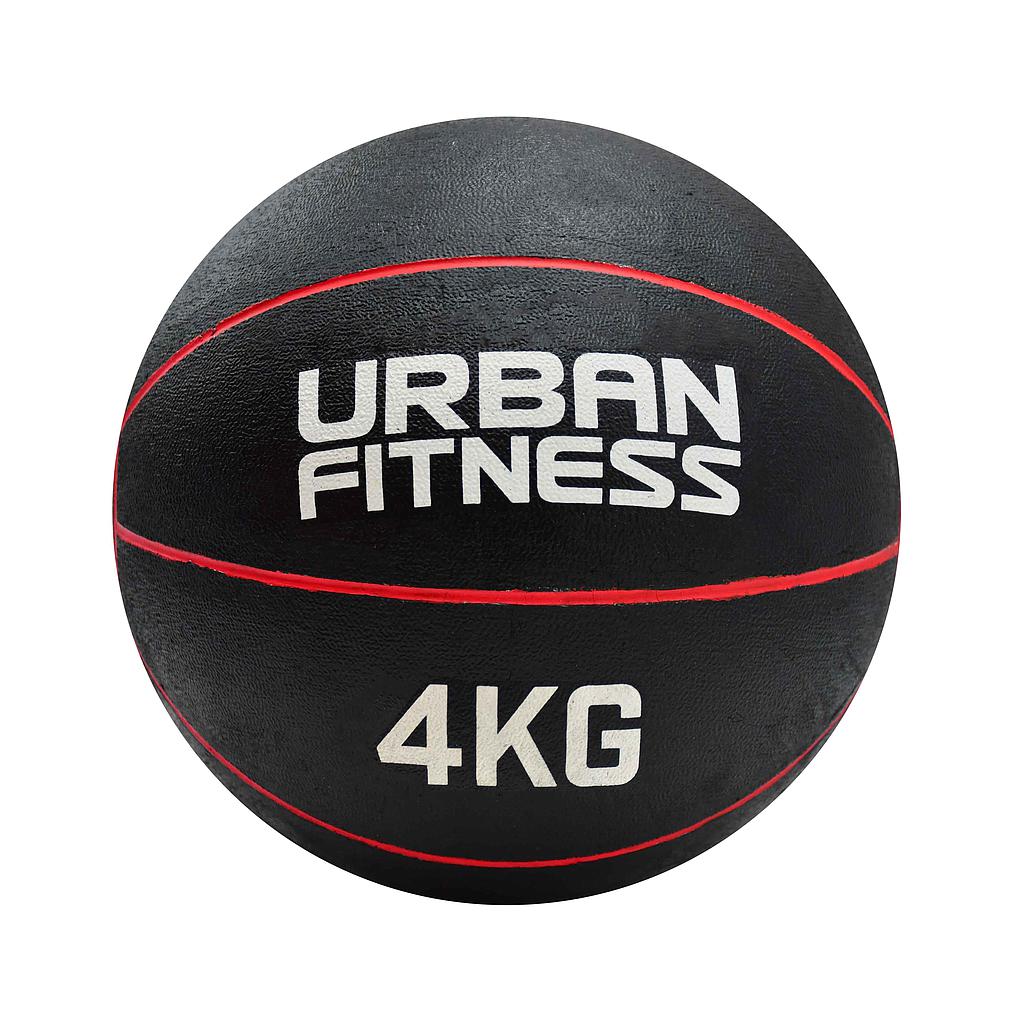 UFE Urban Fitness Medicine Ball in black with red accents, showing textured surface and brand logo for strength training exercises.