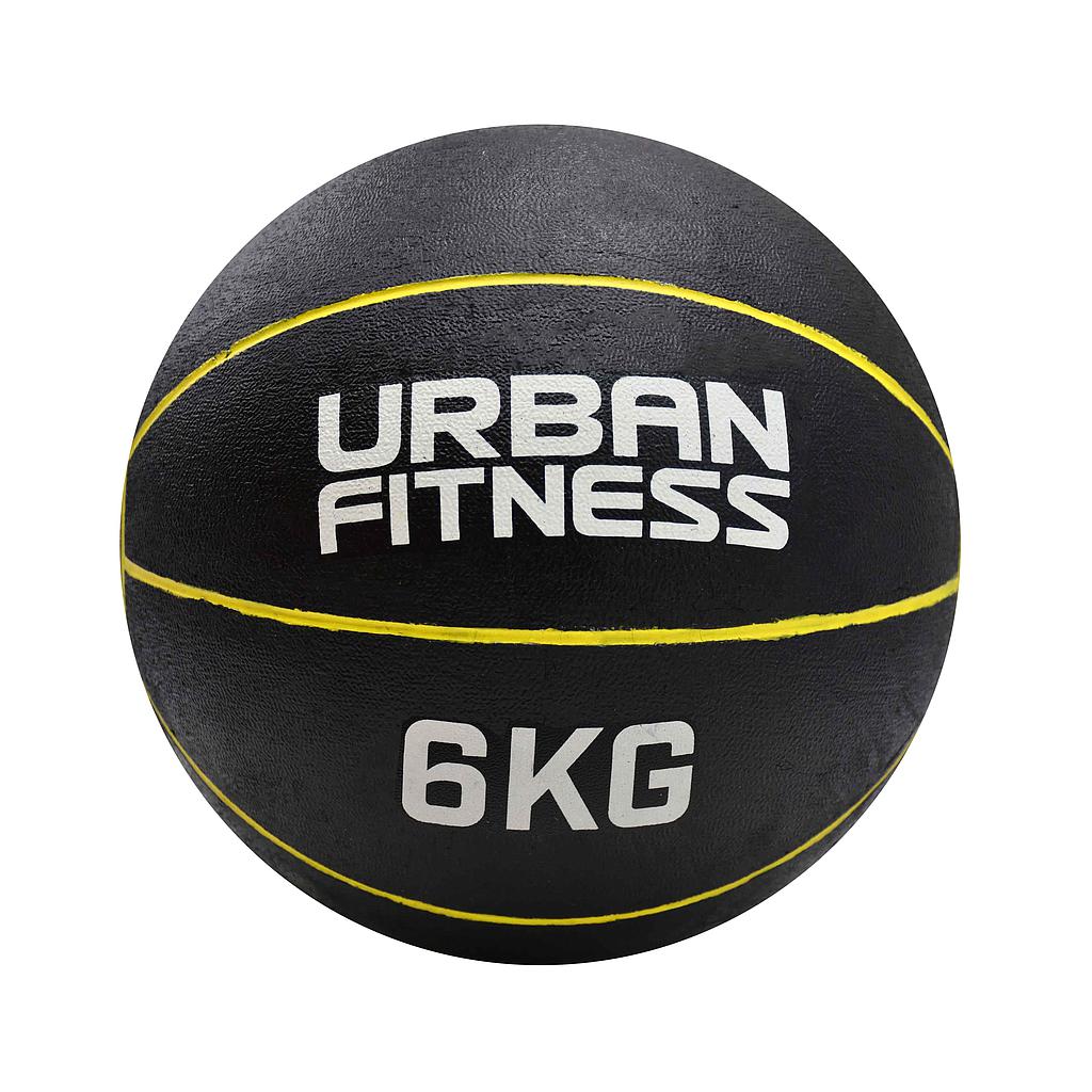 UFE Urban Fitness Medicine Ball in black, showing its textured surface and compact size for strength training and core workouts.