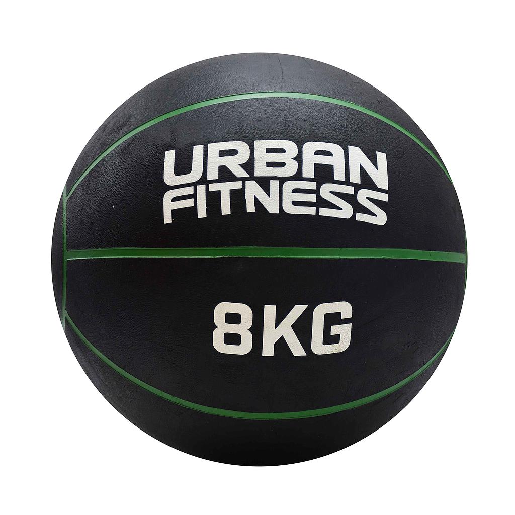 Urban Fitness Medicine Ball in black, showing textured surface, used for strength training and core workouts in sporting goods.