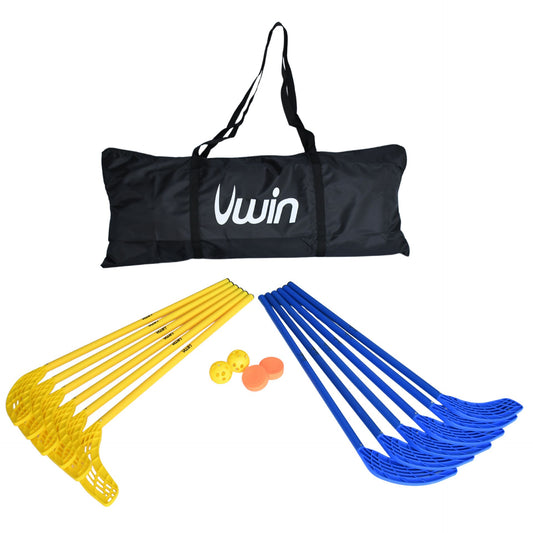 Uwin plastic hockey set includes 12 pieces with sticks, balls, pucks, and a storage bag for kids' sports play.