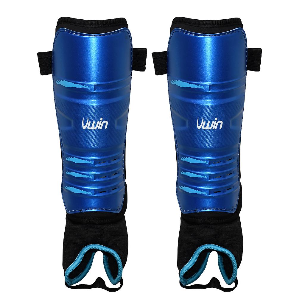 Uwin hockey shinguards with black padding and adjustable straps, designed for protective sports gear.
