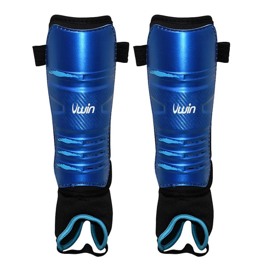 Uwin hockey shinguards in black and white with adjustable straps, designed for protective sports gear.
