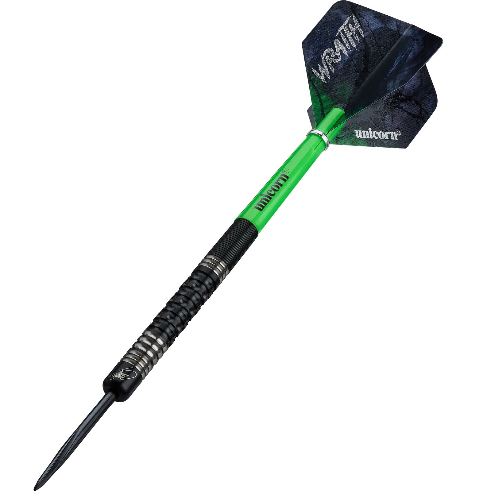 Unicorn Tungsten 90% Darts Wraith Wade with colorful unicorn design and sleek tungsten barrel for precision darts gameplay.