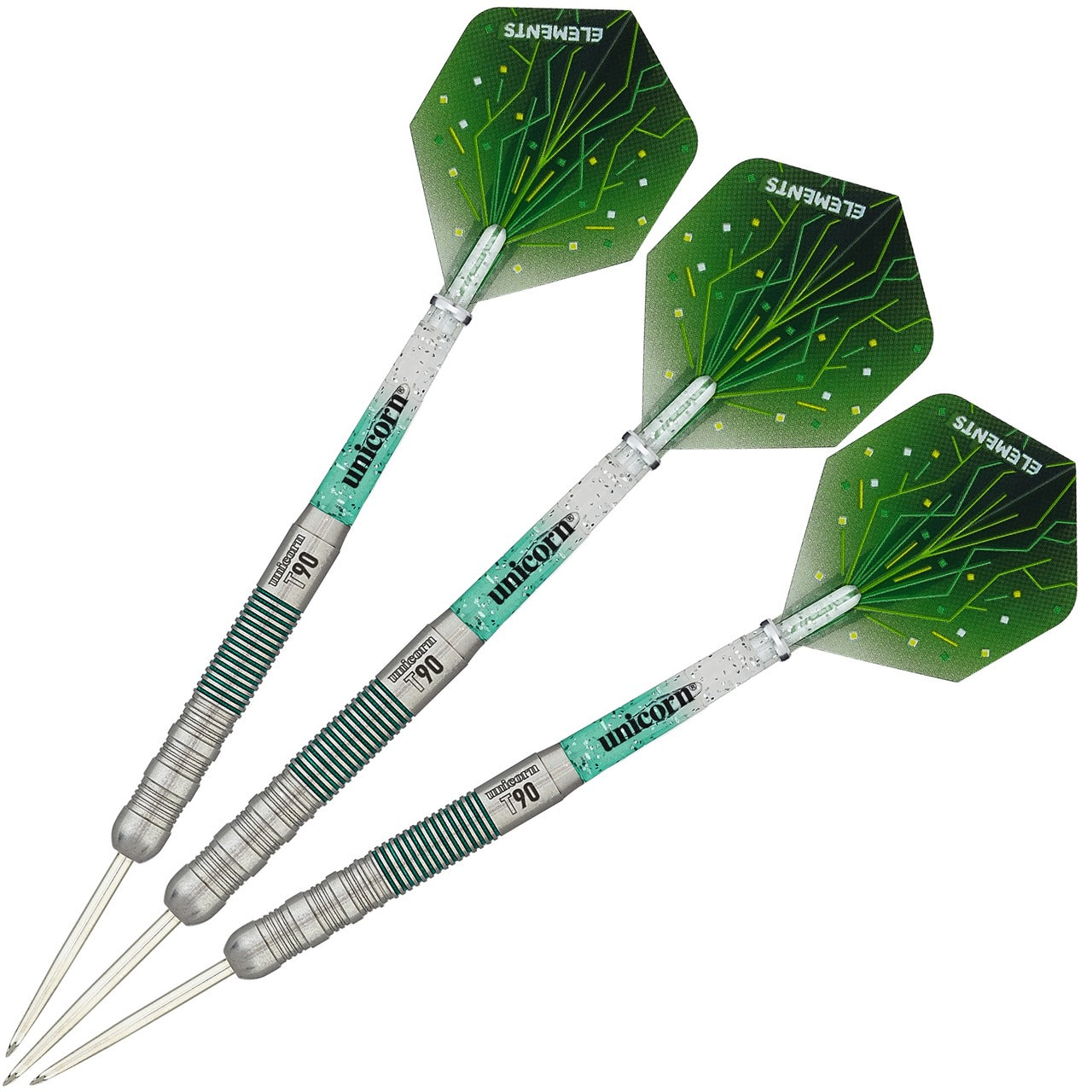 Unicorn Tungsten 90% Darts T90 Core XL set with silver and black dart barrels and flight targets for precision throwing.