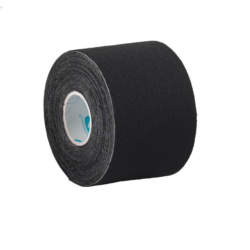 Ultimate Performance kinesiology tape roll, 50mm x 5m, sporting goods product with the tape partially unrolled and ready for application.