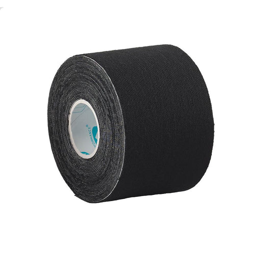 Ultimate Performance kinesiology tape roll, 50mm x 5m, sporting goods product with the tape partially unrolled and ready for application.