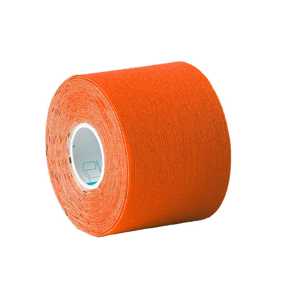 Ultimate Performance kinesiology tape roll, 50mm x 5m, sporting goods product with white adhesive tape laid flat.