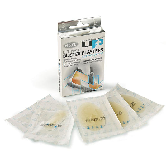 Ultimate Performance blister plaster mixed pack for sports, featuring various sizes and types to protect and prevent blisters during activity.