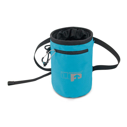 Ultimate Performance climbing chalk bag with secure drawstring closure and adjustable belt for sport climbing and bouldering.