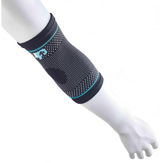 Ultimate Performance compression elastic elbow support, sporty black brace with adjustable straps for stability and joint support.