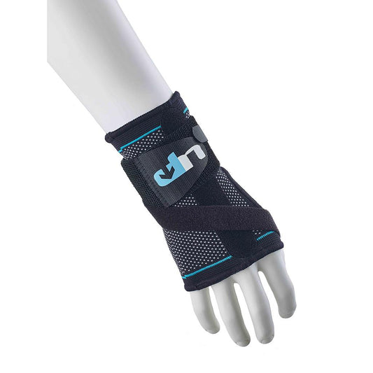 Ultimate Performance advanced compression wrist support with splint for sports, showing adjustable straps and supportive design.
