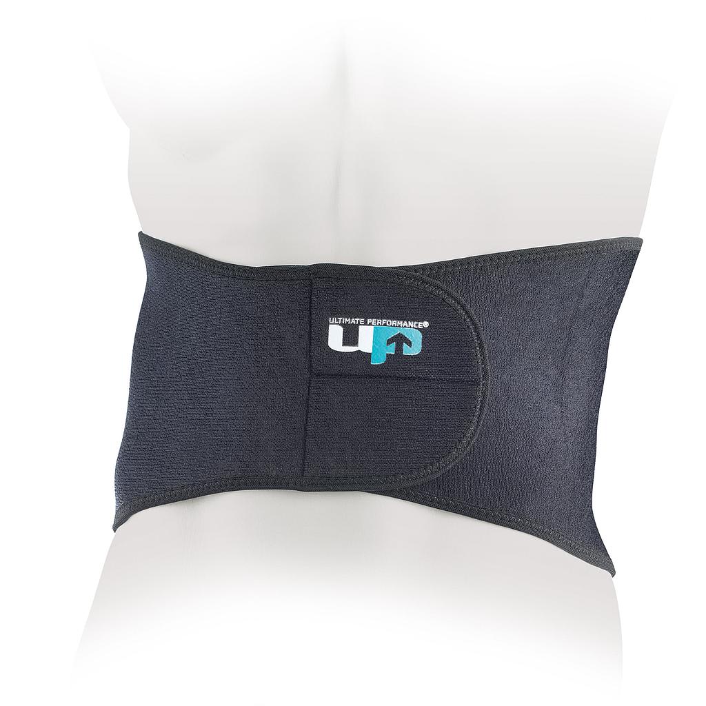 Ultimate Performance neoprene back support in large size, designed for sporting goods use, with adjustable straps and supportive design.