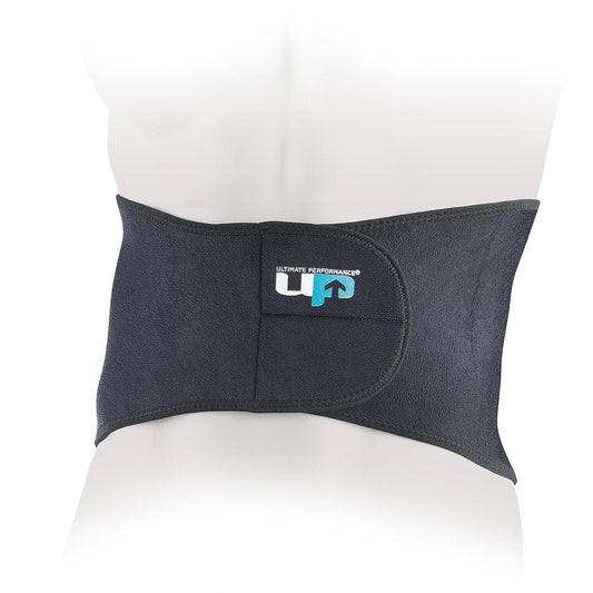 Ultimate Performance neoprene back support brace with adjustable straps and breathable material for sports and physical activity.