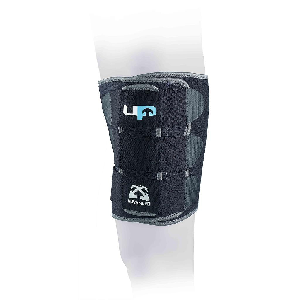 Ultimate Performance Advanced Thigh Support in one size, shown in black with adjustable straps for sports and athletic activities.