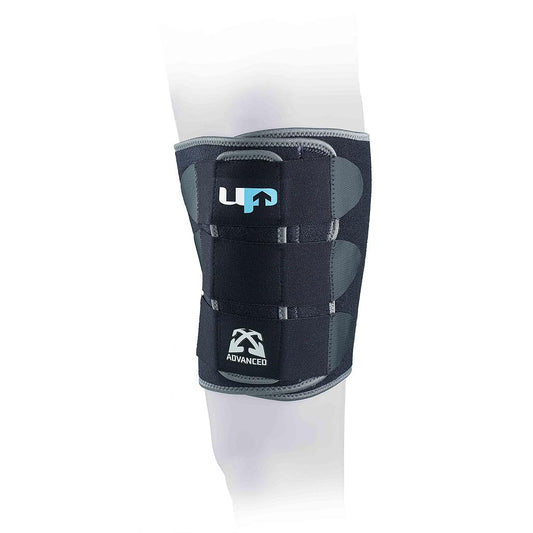 Ultimate Performance Advanced Thigh Support in one size, shown in black with adjustable straps for sports and athletic activities.