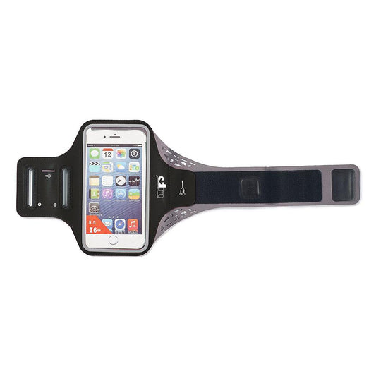 Ultimate Performance Ridgeway armband phone holder for sports, black and adjustable, fits smartphones during workouts and running.