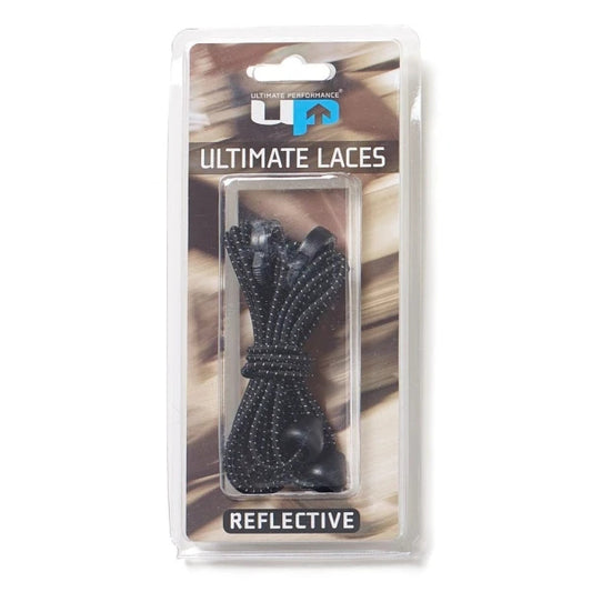 Reflective Ultimate Performance elastic no-tie shoelaces with lock, 118cm length, shown on a pair of athletic shoes for sporting use.