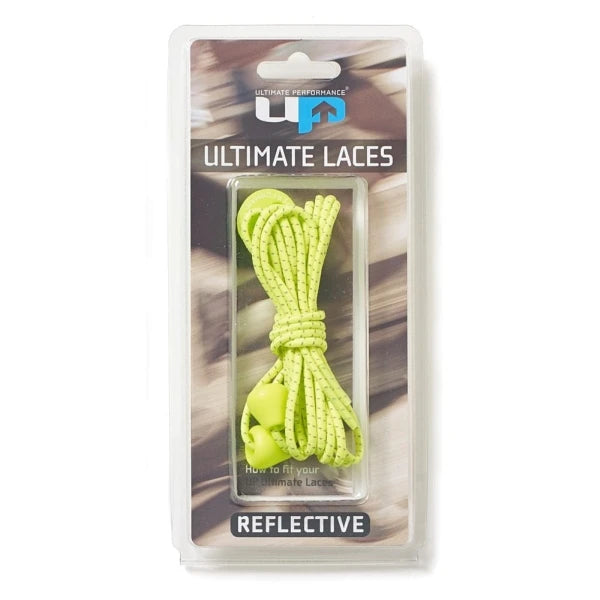 Reflective Ultimate Performance elastic no-tie shoelaces with lock, 118cm length, showcased on athletic shoes.