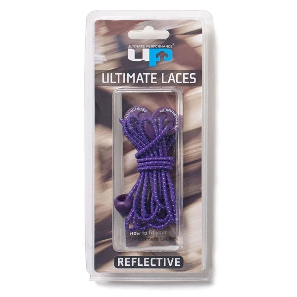 Reflective Ultimate Performance elastic no-tie shoelaces with lock, 118cm, suitable for athletic shoes, shown with laced shoes.
