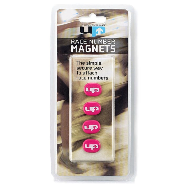Set of four Ultimate Performance race number magnets, sporting goods for race bib attachment, black with white numbers.