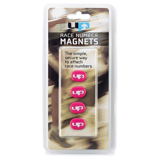 Set of four Ultimate Performance race number magnets, sporting goods for race bib attachment, black with white numbers.