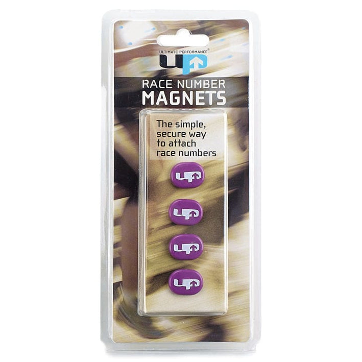 Set of four Ultimate Performance Race Number Magnets, sporting goods accessories for race bibs and event identification.