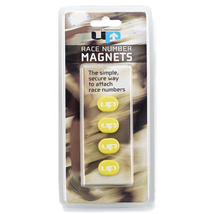 Set of four Ultimate Performance race number magnets for sporting events, featuring bold black numbers on white backgrounds.