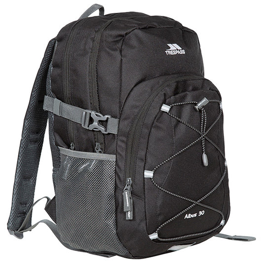 Black Trespass Albus 30L backpack with multiple compartments and padded shoulder straps, ideal for outdoor and sporting activities.