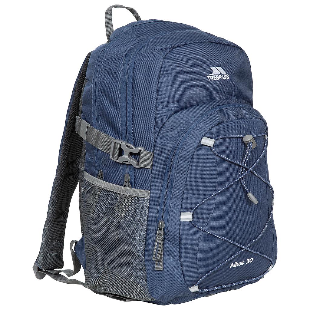 Trespass Albus 30L backpack in black with adjustable straps and multiple compartments, suitable for outdoor and sporting activities.