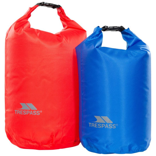 Trespass Euphoria dry bags in a 2-pack, waterproof sporting goods storage bags, shown in vibrant colors for outdoor activities.