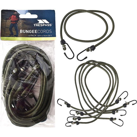 Set of four Trespass bungee cords, 76cm long, ideal for sporting goods and outdoor activities, with elastic stretch and durable design.