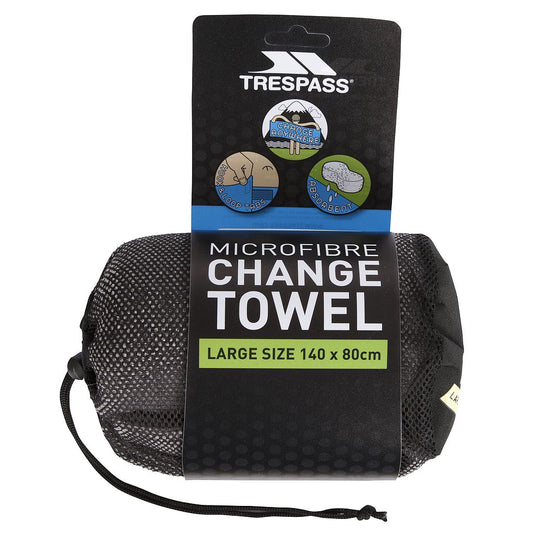 Trespass Transfix microfibre towel displayed, lightweight and soft, ideal for sports and outdoor activities.