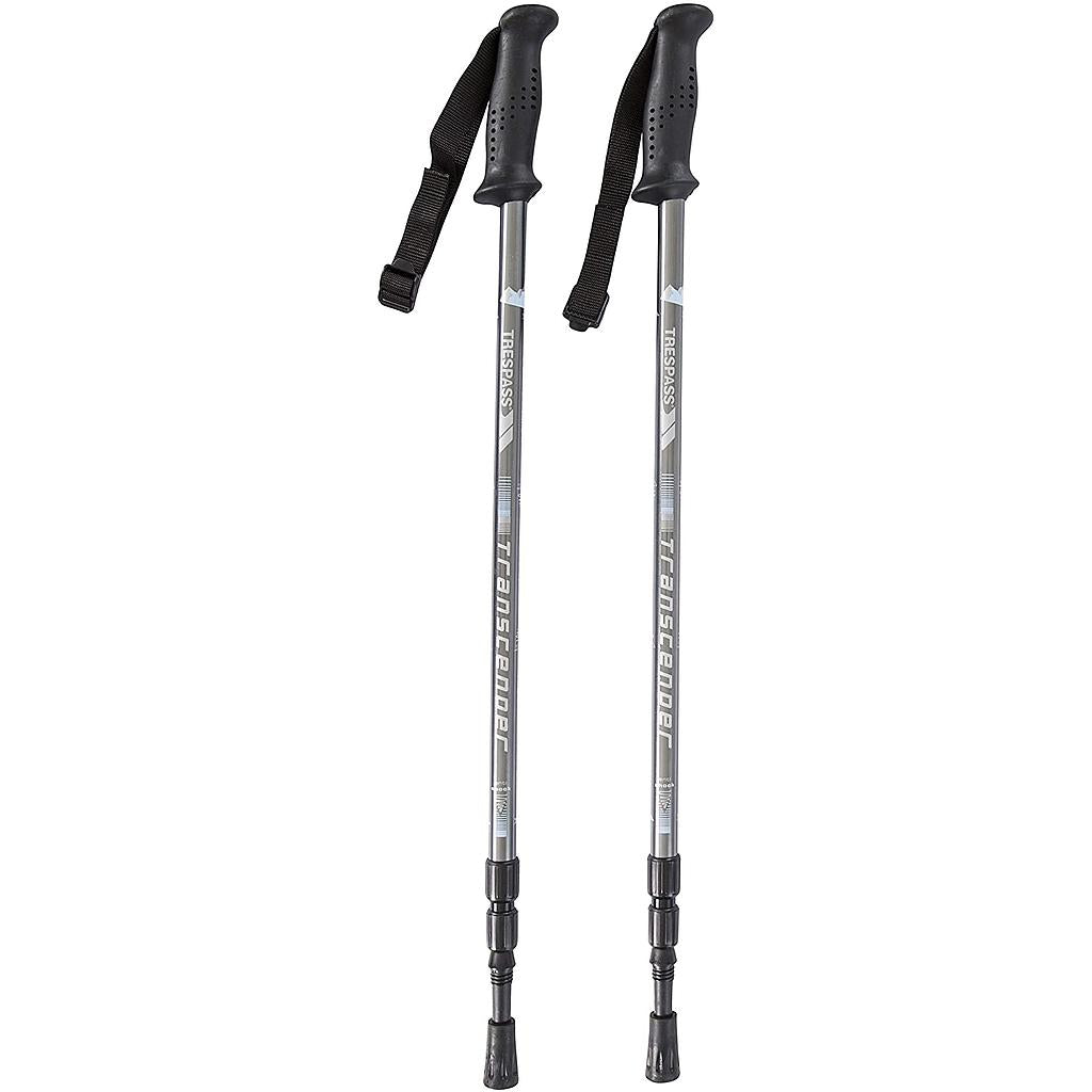 Pair of Trespass Transduo walking poles with adjustable shafts and ergonomic handles, designed for hiking and trekking.