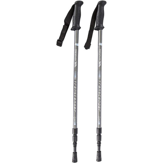 Pair of Trespass Transduo walking poles with adjustable shafts and ergonomic handles, designed for hiking and trekking.