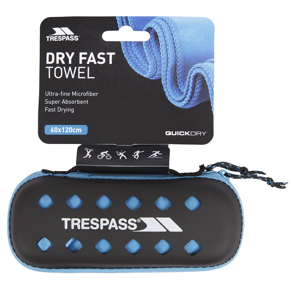 Trespass Compatto microfiber towel laid out, showing its compact size and soft, absorbent fabric for outdoor sports and travel.