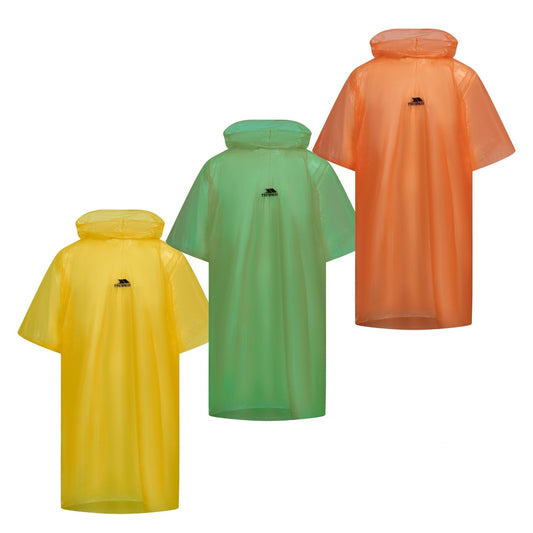 Trespass Pesta biodegradable rain poncho, lightweight waterproof sporting gear, shown in green with hood and adjustable drawstrings