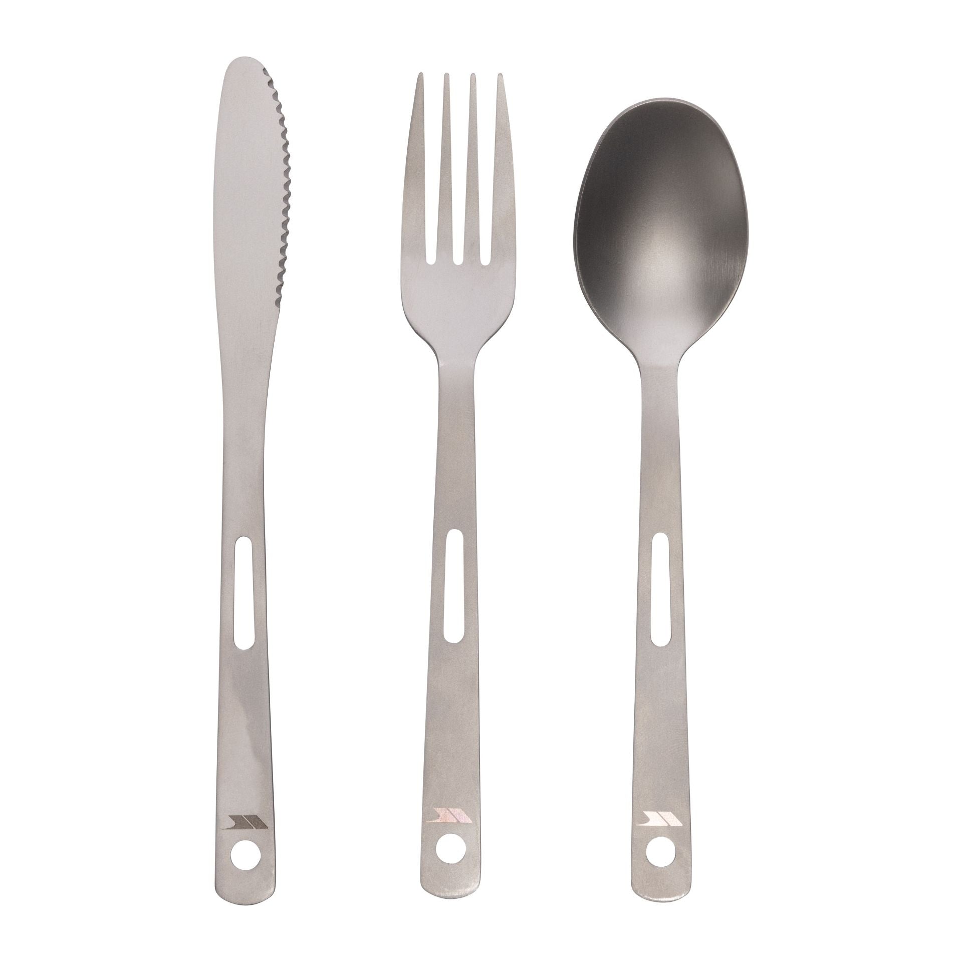 Trespass Vesco cutlery set with stainless steel utensils and black handles, ideal for camping and outdoor sporting activities.