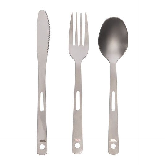 Trespass Vesco cutlery set with stainless steel utensils and black handles, ideal for camping and outdoor sporting activities.