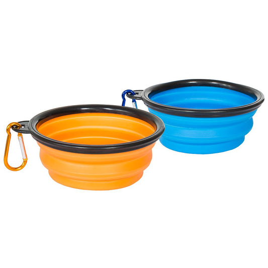 Trespass Trespaws Sippy Collapsible Dog Bowl for travel and outdoor use, shown in collapsed and expanded states with bright colors.