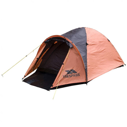 Trespass Tarmachan 2-man tent set up outdoors, showing its lightweight fabric and compact design suitable for camping trips.