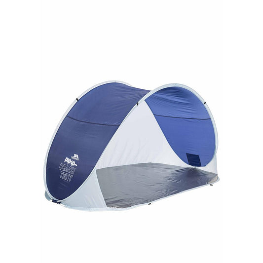 Trespass SPF50 pop-up beach tent set up outdoors, lightweight sporting goods for sun protection and beach use