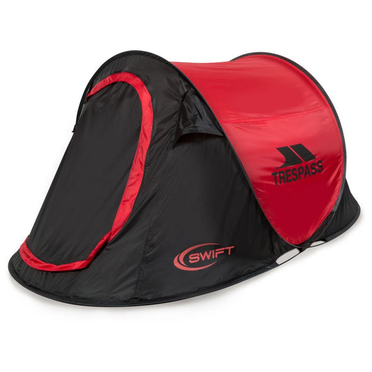 Trespass Swift2 pop-up tent for 2 people, waterproof camping tent shown with open door and rain-resistant fabric.