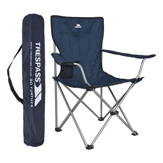 Trespass Settle camping chair with black fabric seat and metal frame, portable outdoor seating for camping or outdoor activities.