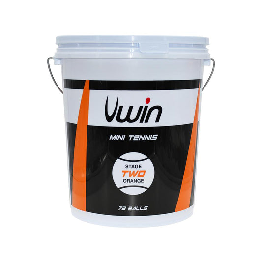 Uwin Stage 2 orange tennis balls in a bucket, 72-count, perfect for tennis practice and matches.