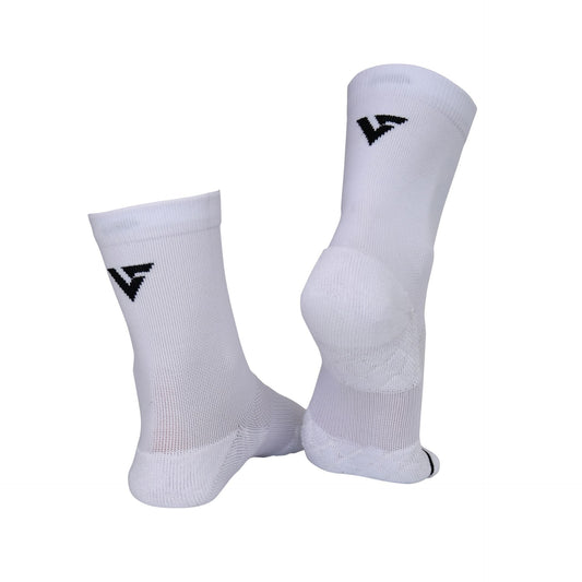 Two pairs of Precision Velocity Performance Junior Crew Socks, sporting goods, showing blue and black athletic socks with logo details.
